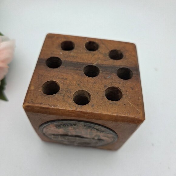 Vintage Jerusalem Olive Wood Cube Pencil Holder Raised Embossed Copper Coins - Picture 8 of 12